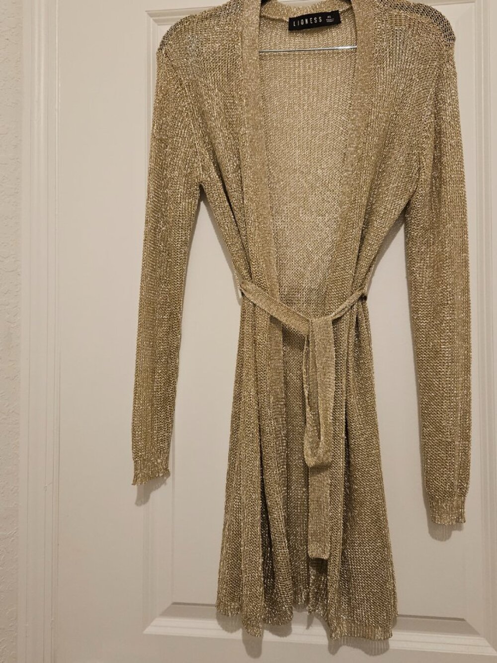Lioness Gold Metallic Open-Knit Cardigan Size XS — Tie Waist  Sheer Going Out - Picture 5 of 5